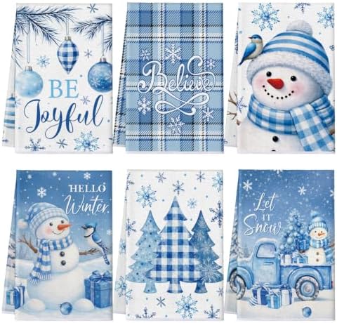 6 Pcs Christmas Kitchen Towels Blue Snowman Dish Hand Towels