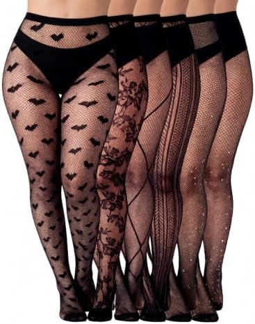 6 Pcs Halloween Plus Size Fishnets Tights for Women Bat XL-4xl