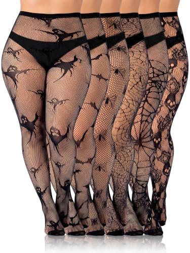 6 Pcs Halloween Plus Size Fishnets Tights for Women Spider L-XL