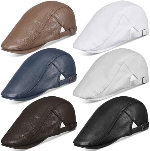 6 Pcs Men's Flat Cap Newsboy Hat Adjustable PU Leather Vintage