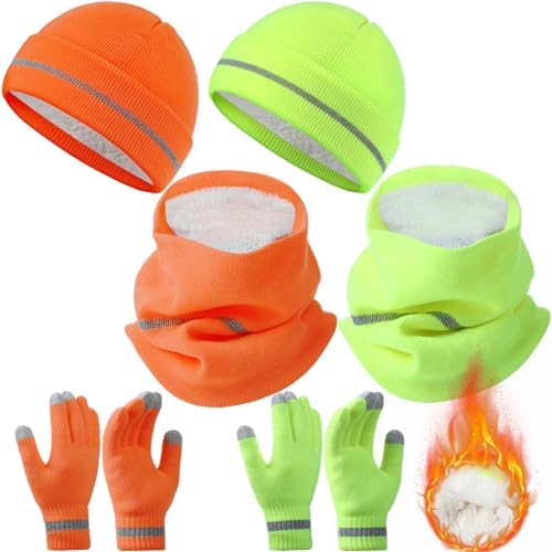 6 Pcs Reflective Beanie Cap Neck Glove Winter Warm Set Fleece Lined Hi