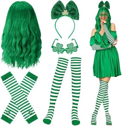 6 Pcs St. Patricks Day Costume Accessories Set Green Wigs for Women
