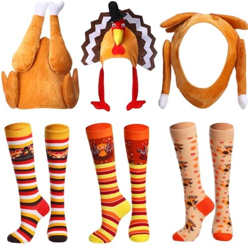6 Pcs Thanksgiving Turkey Set over Knee Striped Socks Knitted Hat