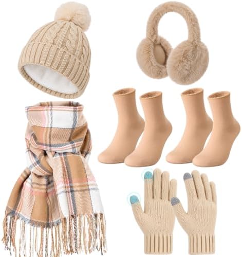 6 Pcs Winter Hat Scarf Gloves Earmuffs Socks Set Beige Braided