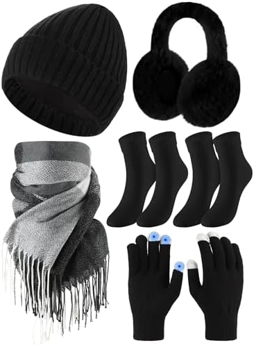 6 Pcs Winter Hat Scarf Gloves Earmuffs Socks Set Black Thermal