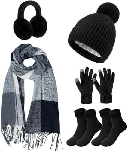 6 Pcs Winter Hat Scarf Gloves Earmuffs Socks Set Black Essential