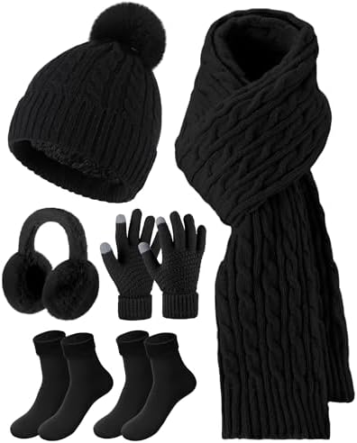 6 Pcs Winter Hats Gloves Scarf Set Black Essential