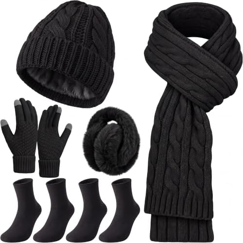 6 Pcs Winter Hats Gloves Scarf Set Black Stylish