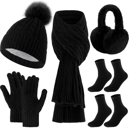 6 Pcs Winter Knit Set with Knit Beanie Hat Long Scarf Touchscreen Gloves