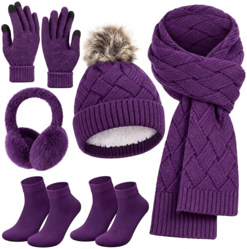 6 Pcs Winter Knit Set with Knit Beanie Long Scarf Touchscreen Gloves