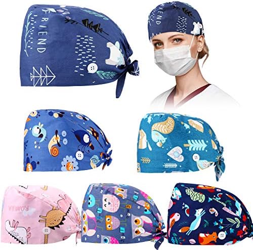 6 Pcs Women Nurse Scrub Caps with Button Sweatband