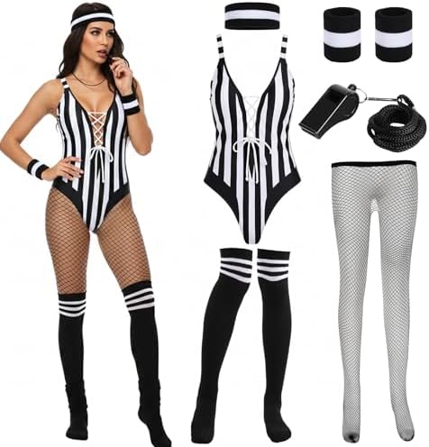 6 Pcs Women's Referee Bodysuit Costume Set Accessories Halloween