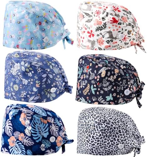 6 Pcs Women Scrub Cap with Buttons Surgical Hats