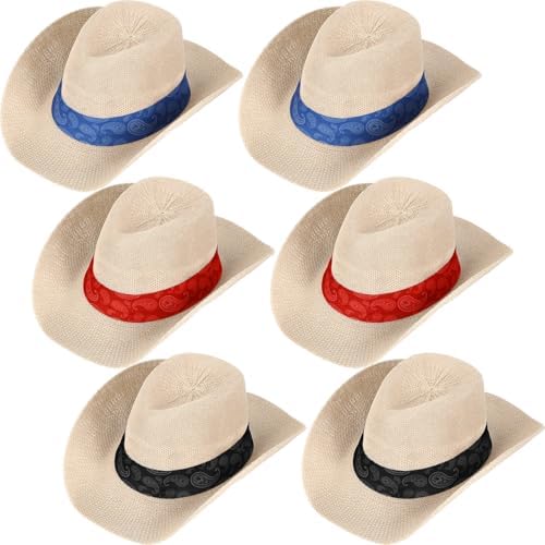 6 Piece Paisley Straw Cowboy Hat Western Hat Unisex for Men Women Summer