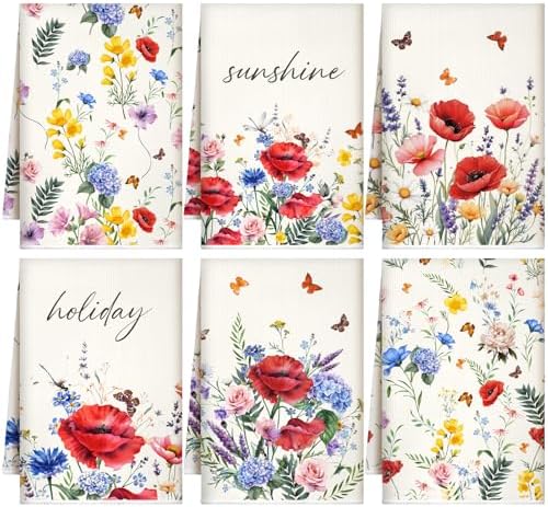 6 Pieces Red Poppy Kitchen Towels Floral Absorbent Dish Towels
