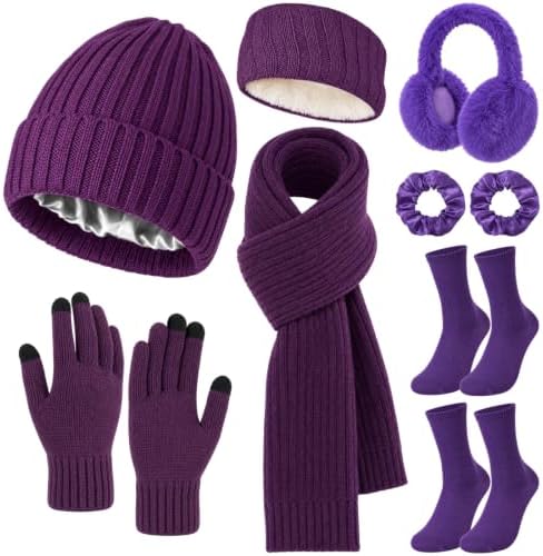 7 Pcs Hat Scarf Glove Earmuff Sock Scrunchie Hairband Purple Classic