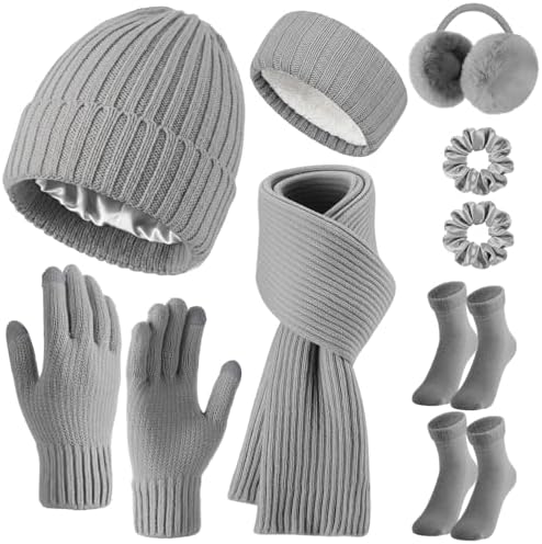 7 Pcs Hat Scarf Glove Earmuff Sock Scrunchie Hairband Grey Classic