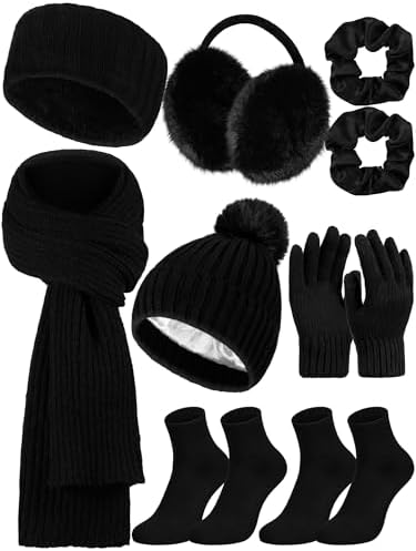 7 Pcs Hat Scarf Glove Earmuff Sock Scrunchie Hairband Black Elegant