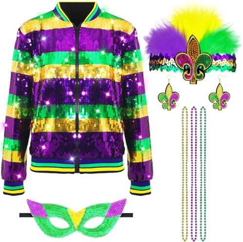 7 Pcs Mardi Gras Outfit Accessories for Women Sequin Jacket Headband