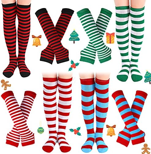 8 Pairs Christmas Striped Knee High Socks and Arm Warmers for Women