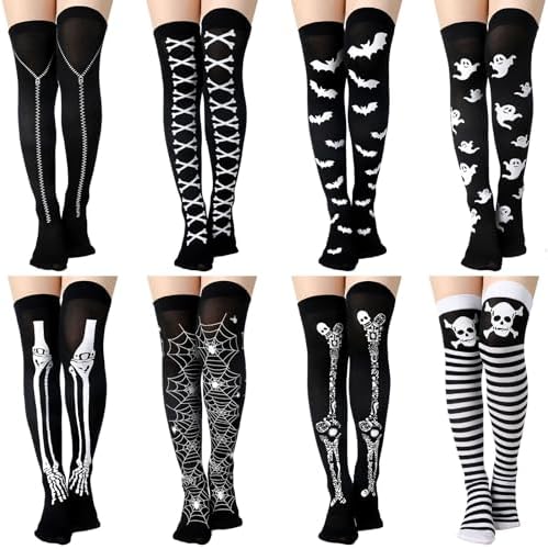 8 Pairs Halloween Thigh High Socks L Scary Black
