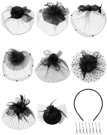 8 Pcs Black Funeral Veil Pillbox Hat with Net Veil Feather Cute