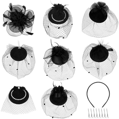 8 Pcs Black Funeral Veil Pillbox Hat with Net Veil Feather Novel