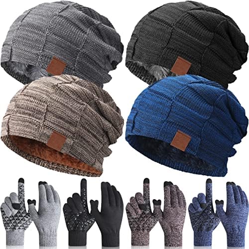 8 Pcs Winter Slouchy Beanie and Gloves Set for Men Warm Stretch Beanie