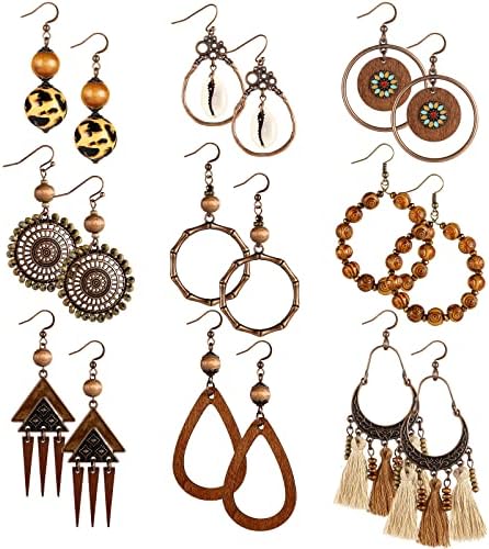 9 Pairs Boho Earrings for Women Wooden Dangle Bohemian Style