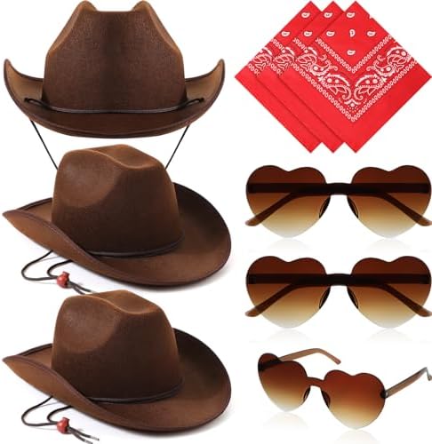9 Pcs Adult Cowboy Hat with Paisley Bandanas and Heart Shape Sunglasses