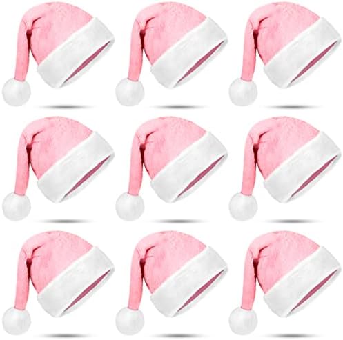 9 Pieces Pink and White Christmas Santa Hats - Unisex Plush Xmas Caps