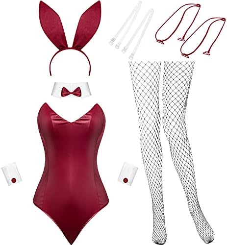 9pcs Women Bunny Costume Outfit Halloween Set M Wine Red