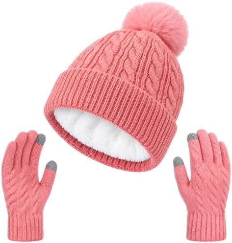 Beanie Hat Touchscreen Gloves for Women Men Pink Classic Style