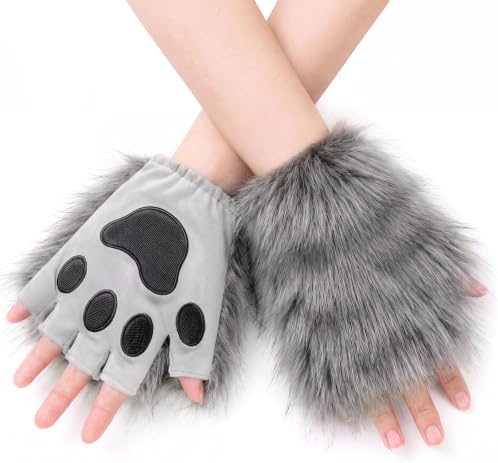 Halloween Costume Wolf Paw Fingerless Gloves Adult Women Man Dark Gray