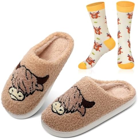Highland Cow Slippers Sock Gift Women Fluffy Plush House Slipper