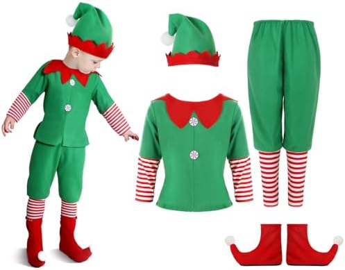 Kids Christmas Elf Costume Set with Hat & Shoes Green Extra S