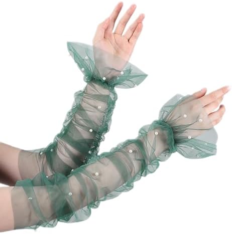 Long Wedding Tulle Gloves with Pearls Sheer Mesh Fingerless Gloves for