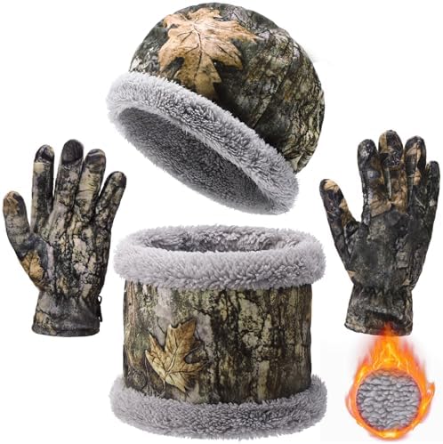 Set of 3 Camouflage Hunting Neck Gaiter Beanie Hat and Gloves for Men