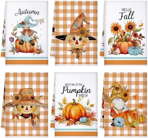 Set of 6 Fall Kitchen Towels Autumn Dish Towels Scarecrow Hand Towel