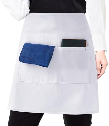 White Waist Apron with 2 Pockets Half Cotton Chef Costume Mid-length