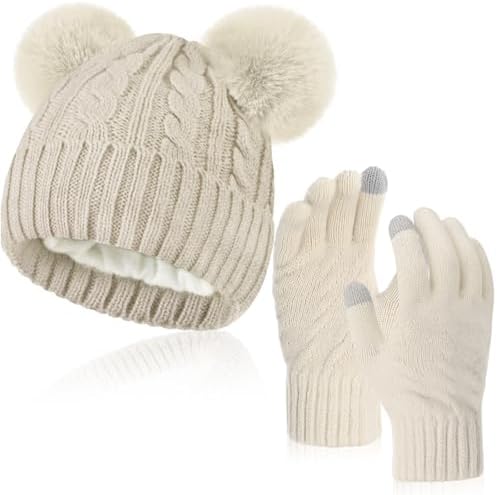 Winter Hats and Gloves Set Beige Playful Style