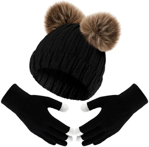 Winter Hats and Gloves Set Black Cute Style