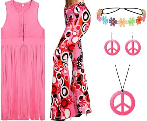 Women 70s Hippie Costume Tassel Top Pant Necklace Earrings S