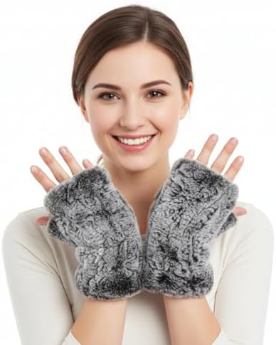 Women Fingerless Gloves Rabbit Fur Knit Winter