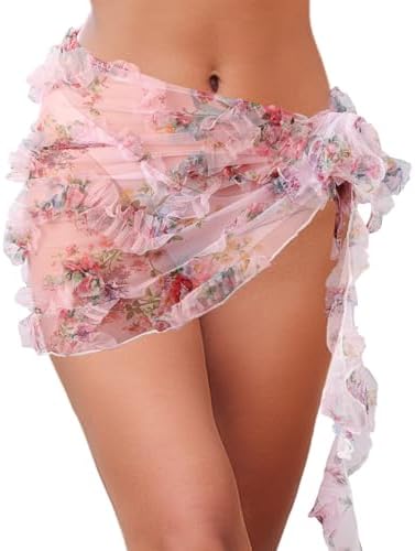 Women Floral Mesh Sarong Coverups Sheer Ruffle Swimsuit Wrap Beach